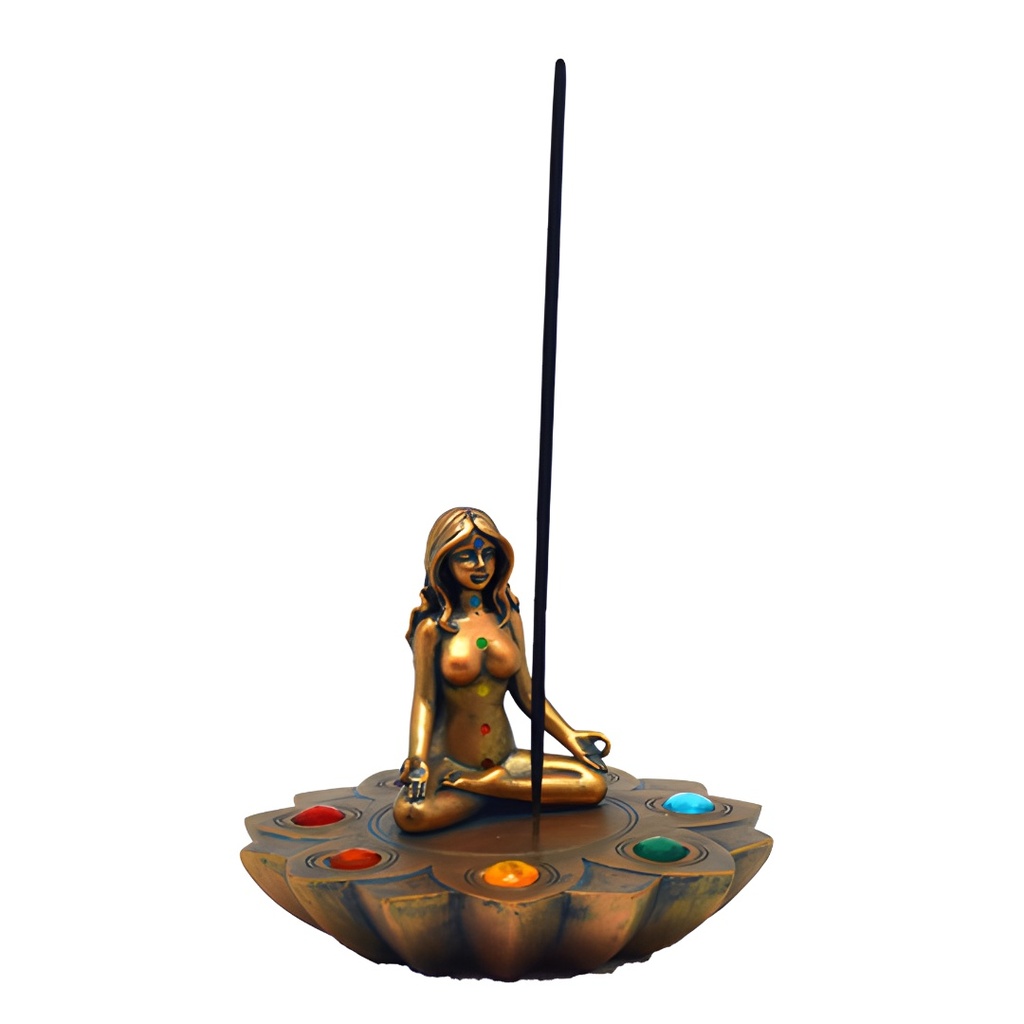 Meditative Woman Bronze Chakra Stone Incense Burner - A Tranquil Addition to Any Space