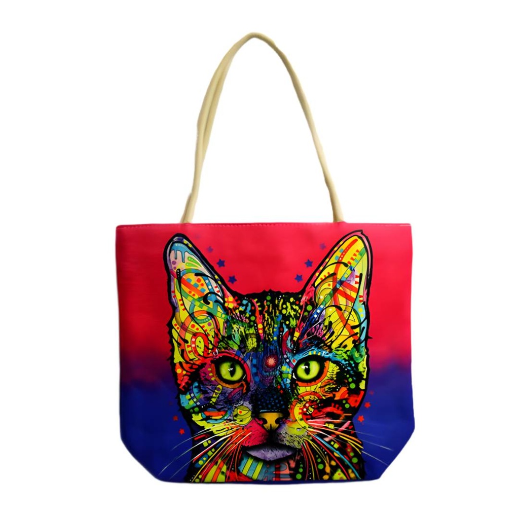 Dean Russo Techno Jute Cat Tote Bag - Vibrant Artistic Carry-All with Comfortable Rope Handles