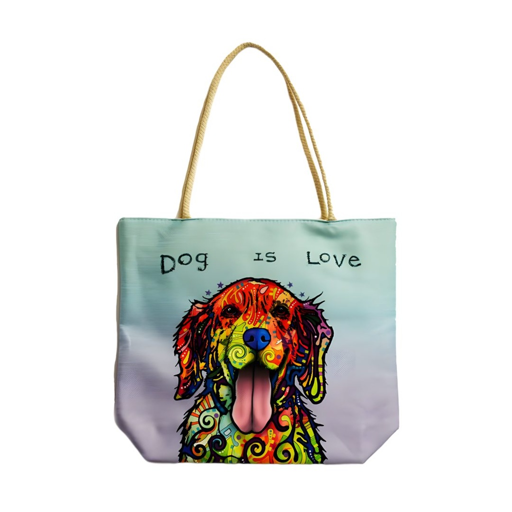 Dean Russo 'Dog is Love' Techno Jute Tote Bag - Vibrant Canine Art with Comfortable Rope Handles, Double-Sided
