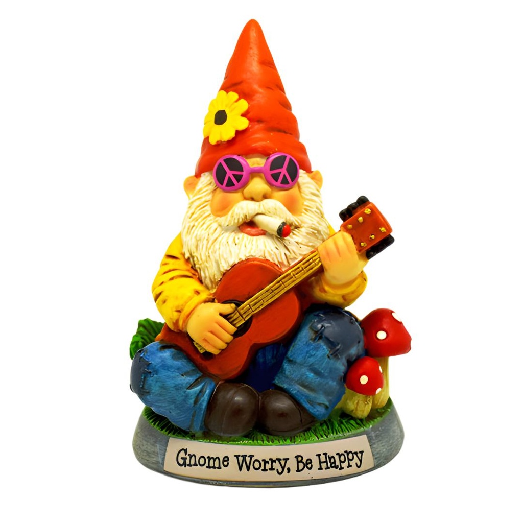 Gnome Worry, Be Happy Figurine - Handpainted Cold Cast Resin Gnome with Guitar