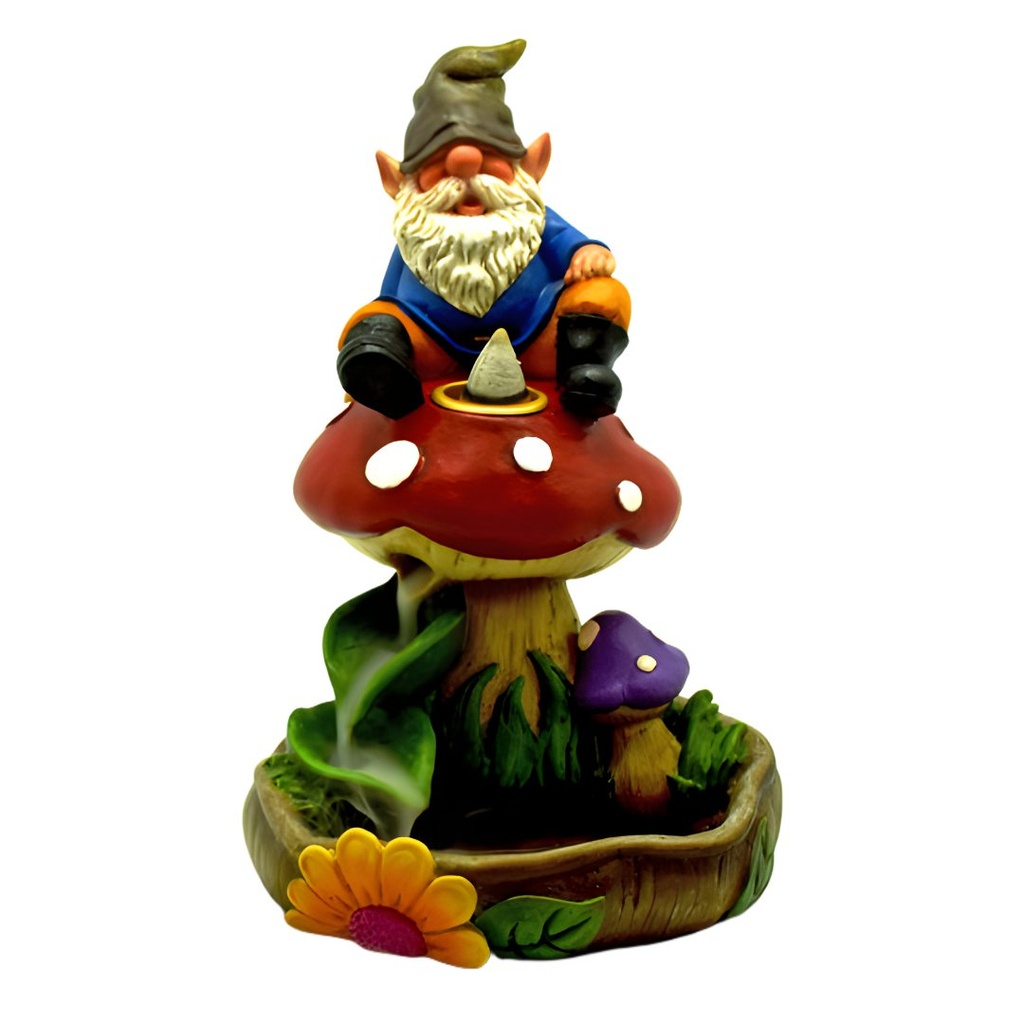 Enchanted Forest Gnome on Mushroom Backflow Incense Burner - Whimsical Figurine