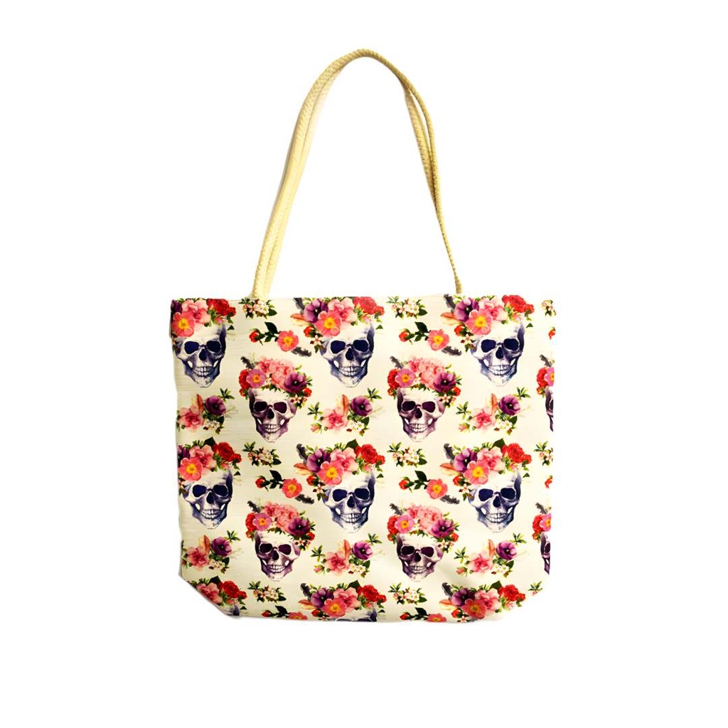 Chic Techno Jute Skull and Roses Tote Bag - Floral Elegance Meets Edgy Style