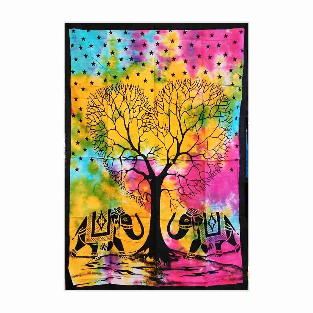 Rainbow Tie Dye Heart Shaped Tree and Elephant Tapestry | 30x40 Inches