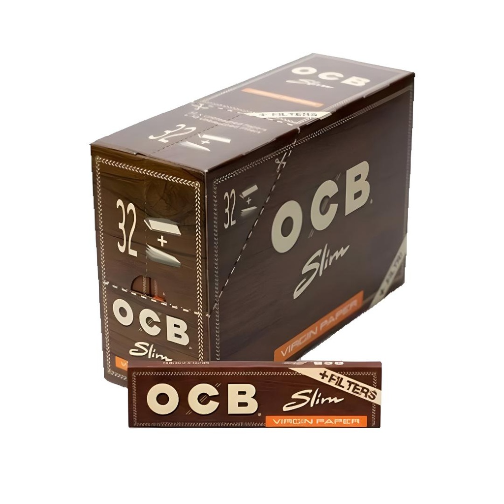 OCB Virgin Unbleached King Size Slim 110mm Rolling Papers with Tips - Box of 32 Packs
