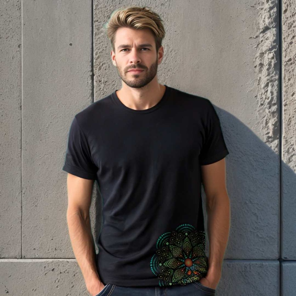 T-shirt en Cotton Bio Mandala de Fleurs Vertes à Points par Sanctum Fashion
