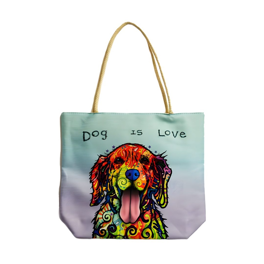 Bolsa Tote de Yute 'Dog is Love' de Dean Russo - Arte Canino Vibrante con Asas de Cuerda, Doble Cara