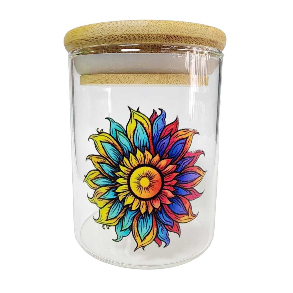 Tarro de Vidrio Mini Girasol Psicodélico | 200ml | Tapa de Bambú con Sello de Silicona