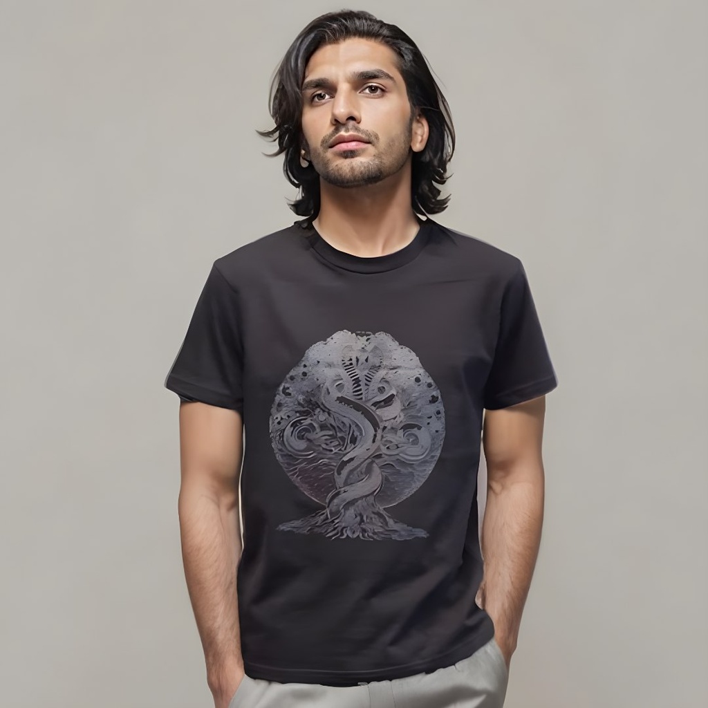 T-Shirt 3D Cobra Noir Arbre Sacré en Coton Biologique – Écologique – par Sanctum Fashion