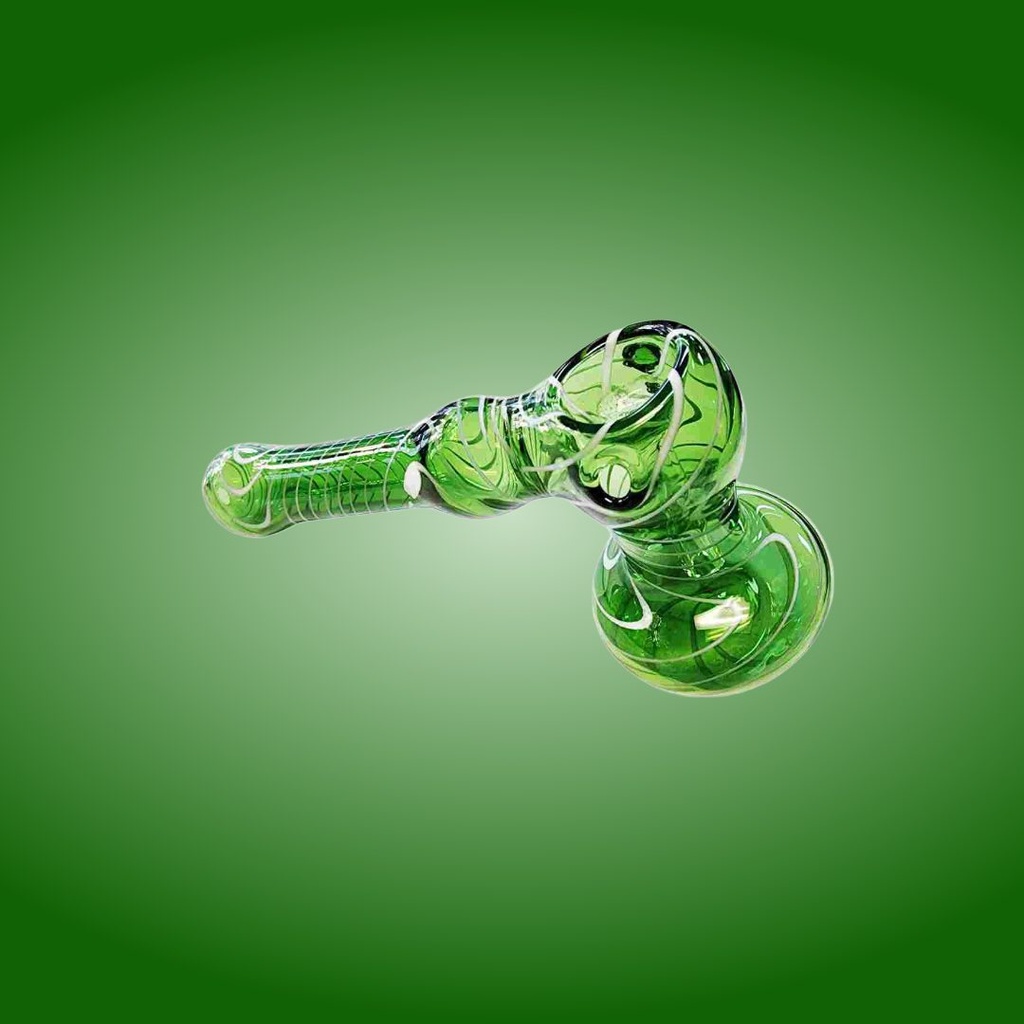 Green Glass Hammer Bubbler Waterpipe with White Lines - 6 Inch