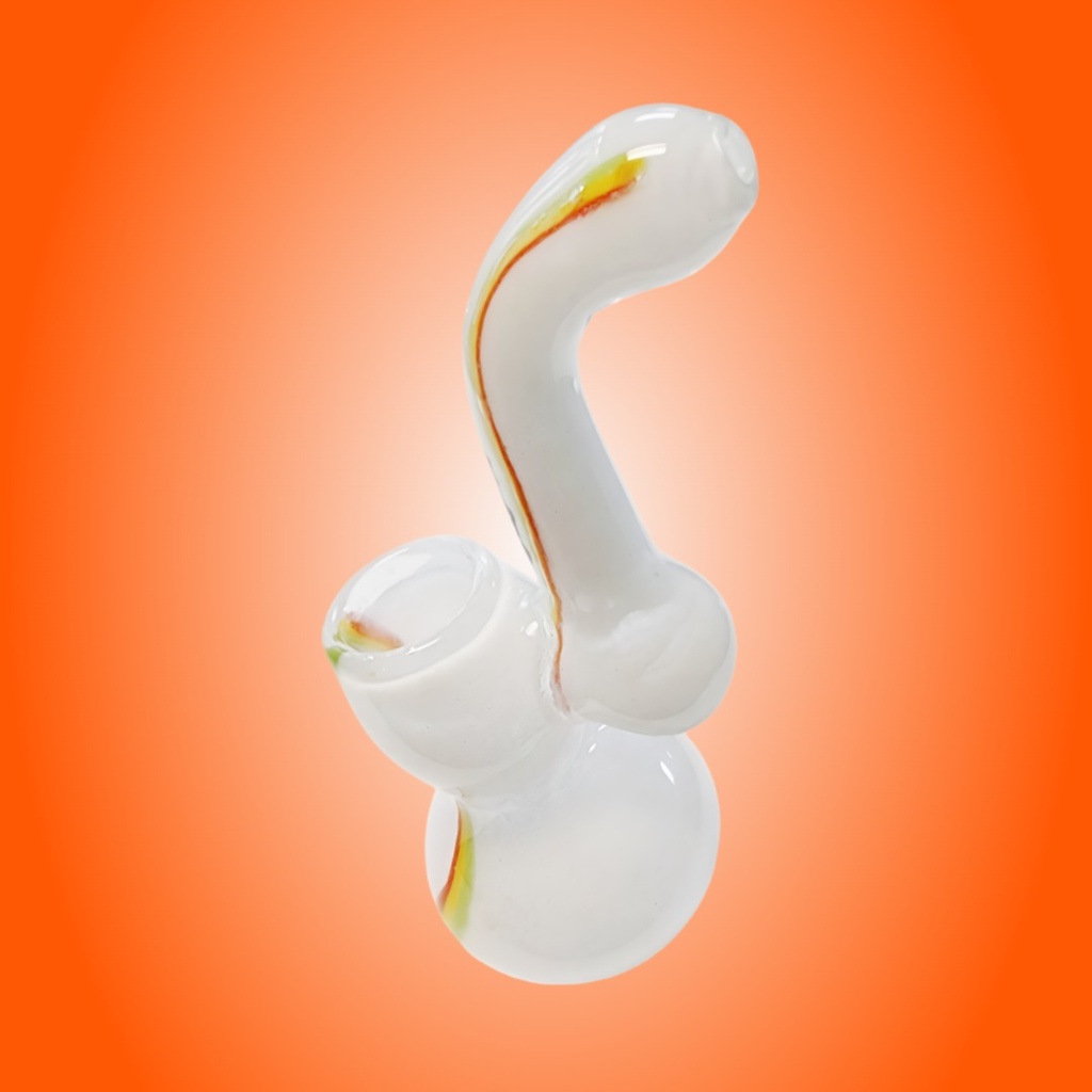 Opaque White Glass Sherlock Bubbler Handheld Waterpipe with Rasta Colored Lines - 6 Inch