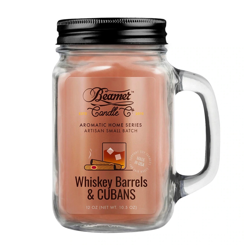 Beamer Candle Co. 12oz Glass Mason Jar - Whiskey Barrels & Cubans