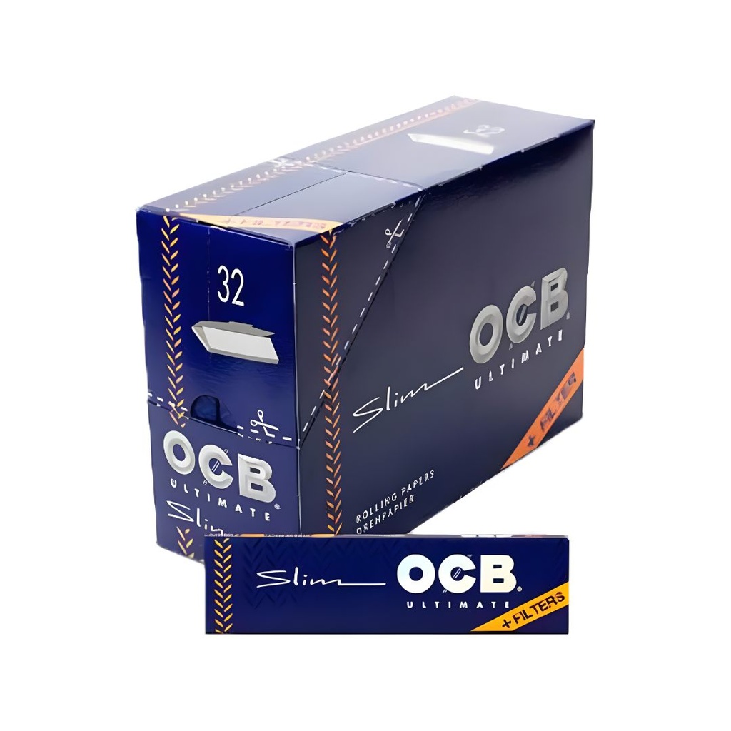 OCB Ultimate King Size Slim Rolling Papers avec boîte de 32 paquets de filtres.