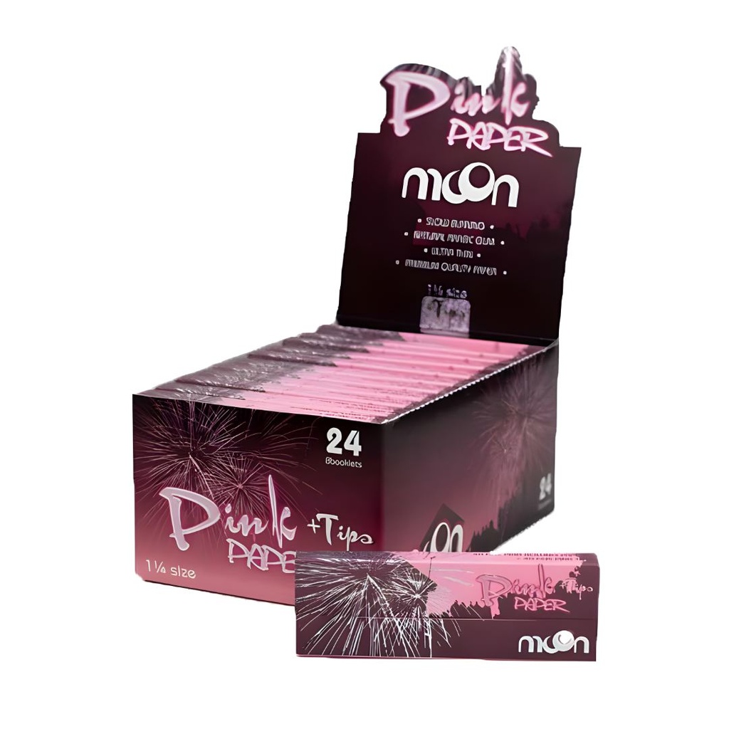 MOON 1 1/4 79mm Color Pink Rolling Papers with Tips -  Box of 24