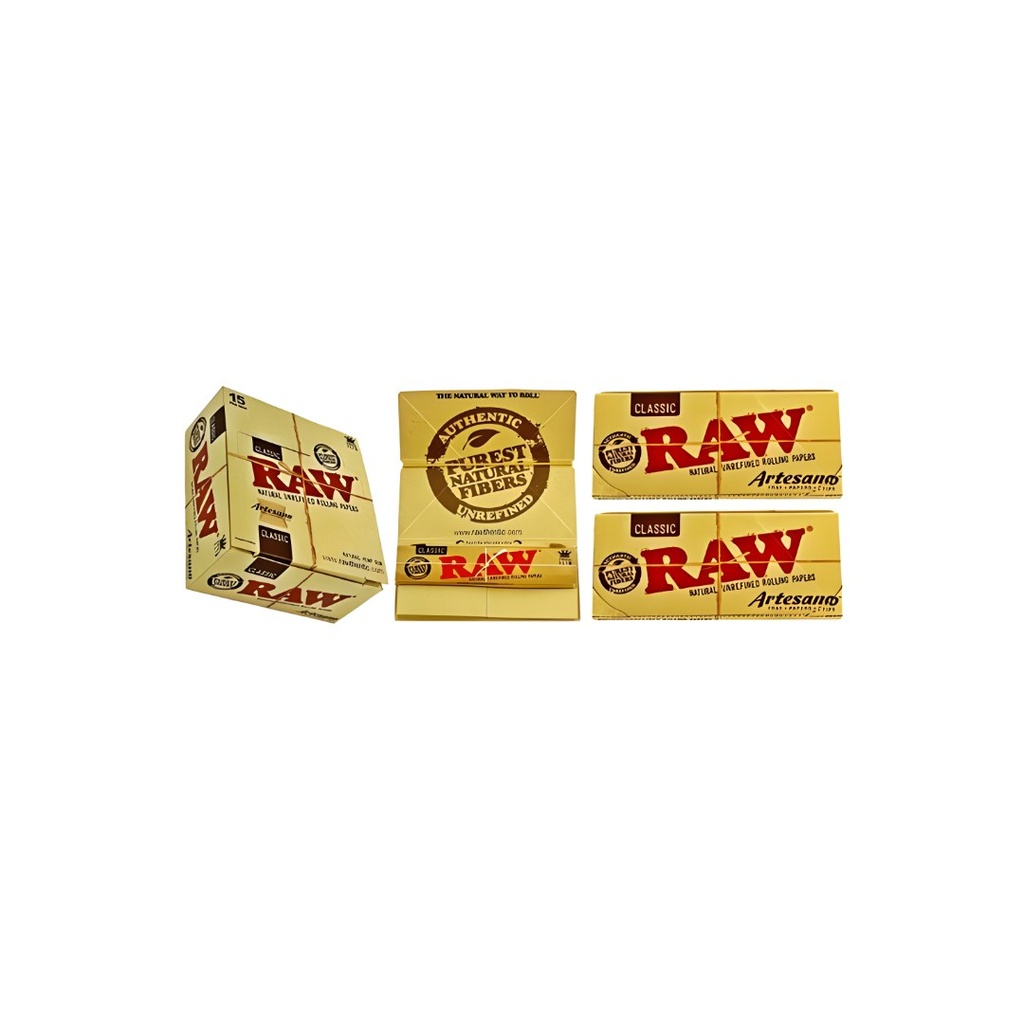 Raw Classic King Size Slim Artesano 110mm Rolling Paper with Tips and Tray Box (15 Packs)