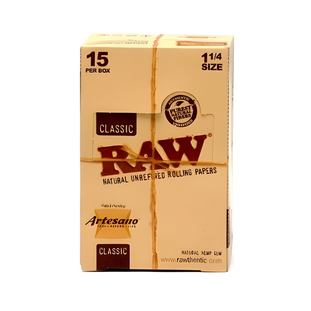 Raw Classic 1 1/4 Artesano 79mm Rolling Papers with Tips and Tray Box (15 Packs)