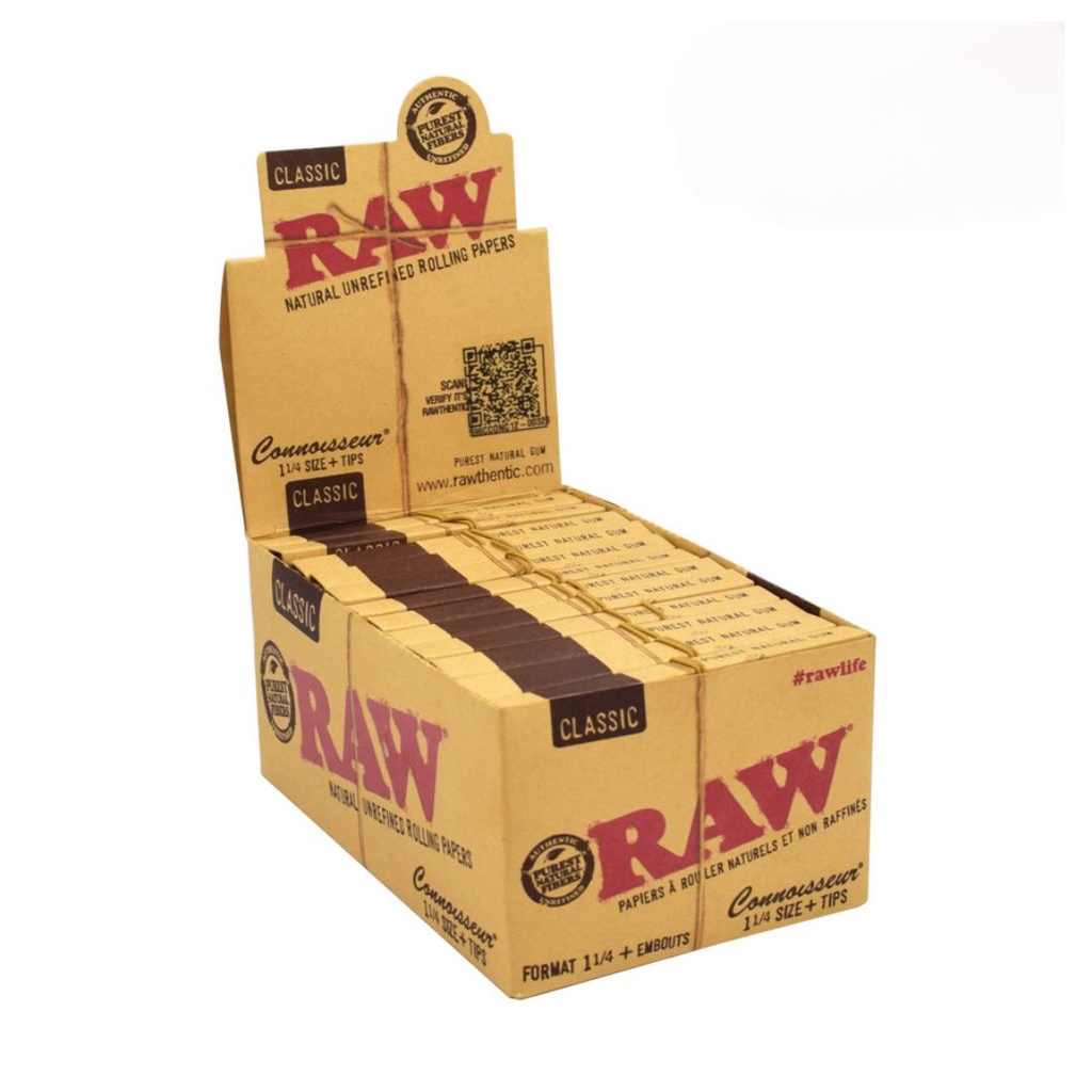 Raw Classic Connoisseur 1 1/4 Rolling Papers with Tips Box of 24 Packs