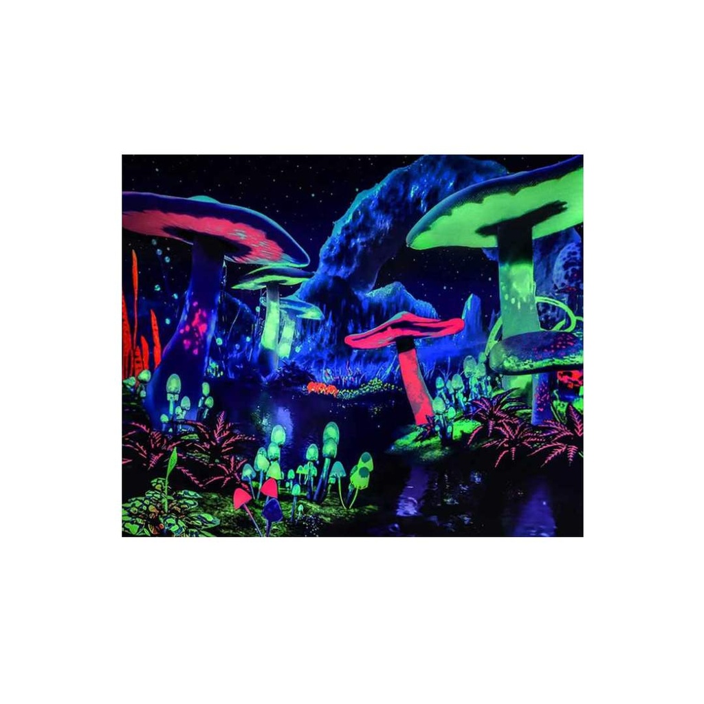 Psychedelic Giant Mushroom Valley UV Reactive Tapestry - 51x59